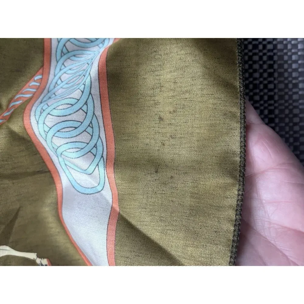 Vintage Equestrian Horse Rider Scarf Olive Green Satin Hermès Style 33” polo